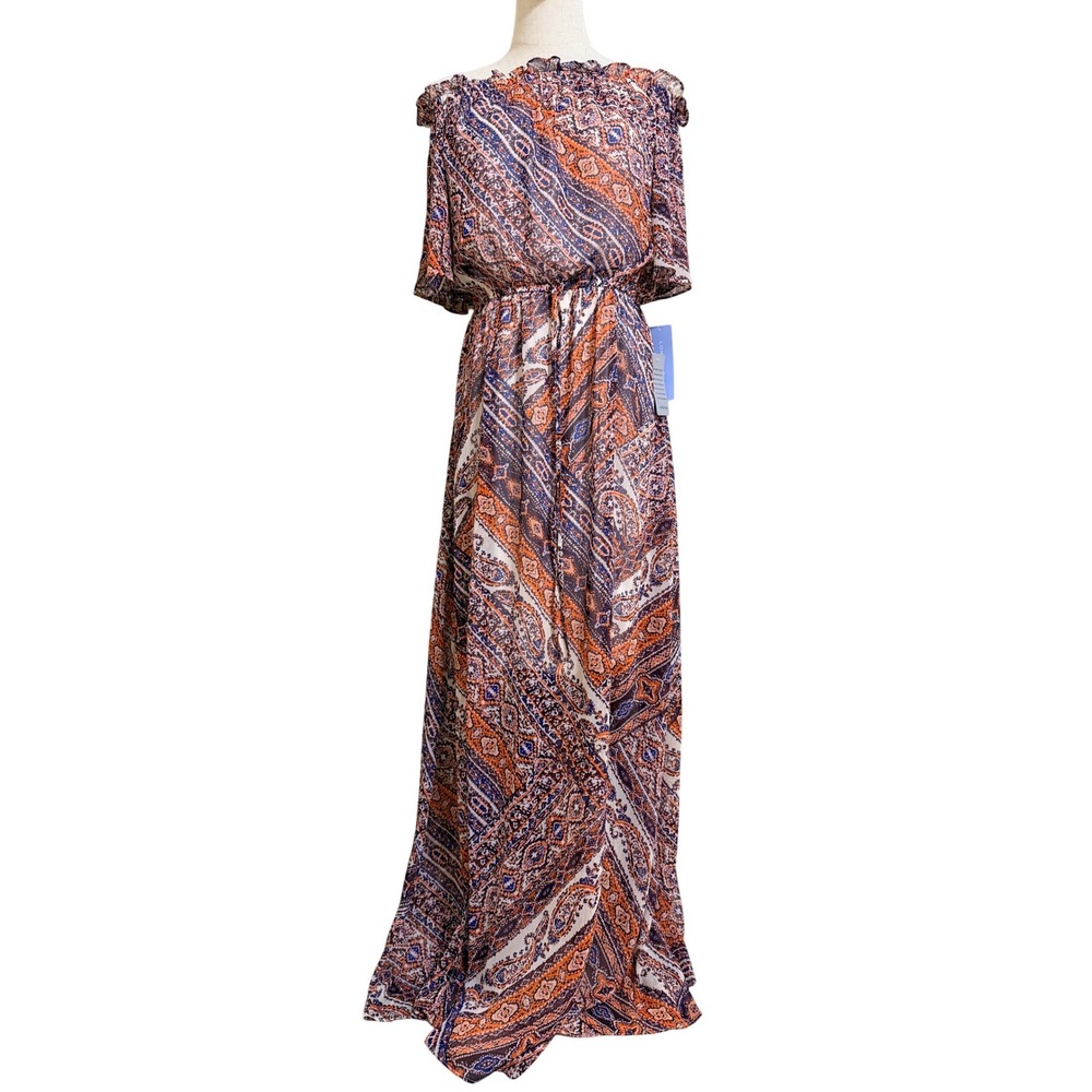 London Times Maxi Dress Womens 4 Orange Paisley Off Shoulder Ruffle Chiffon Gown